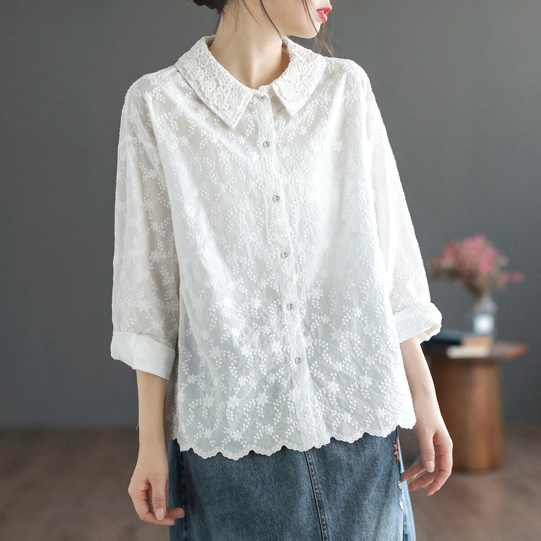 Women Spring Retro Embroidery Double Layers Blouse