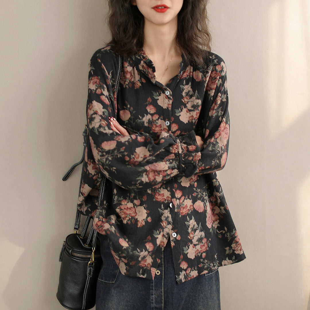 Women Spring Retro Floral Cotton Loose Casual Blouse