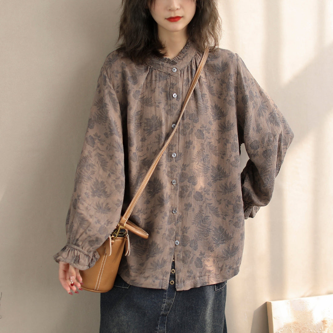 Women Spring Retro Floral Cotton Loose Casual Blouse