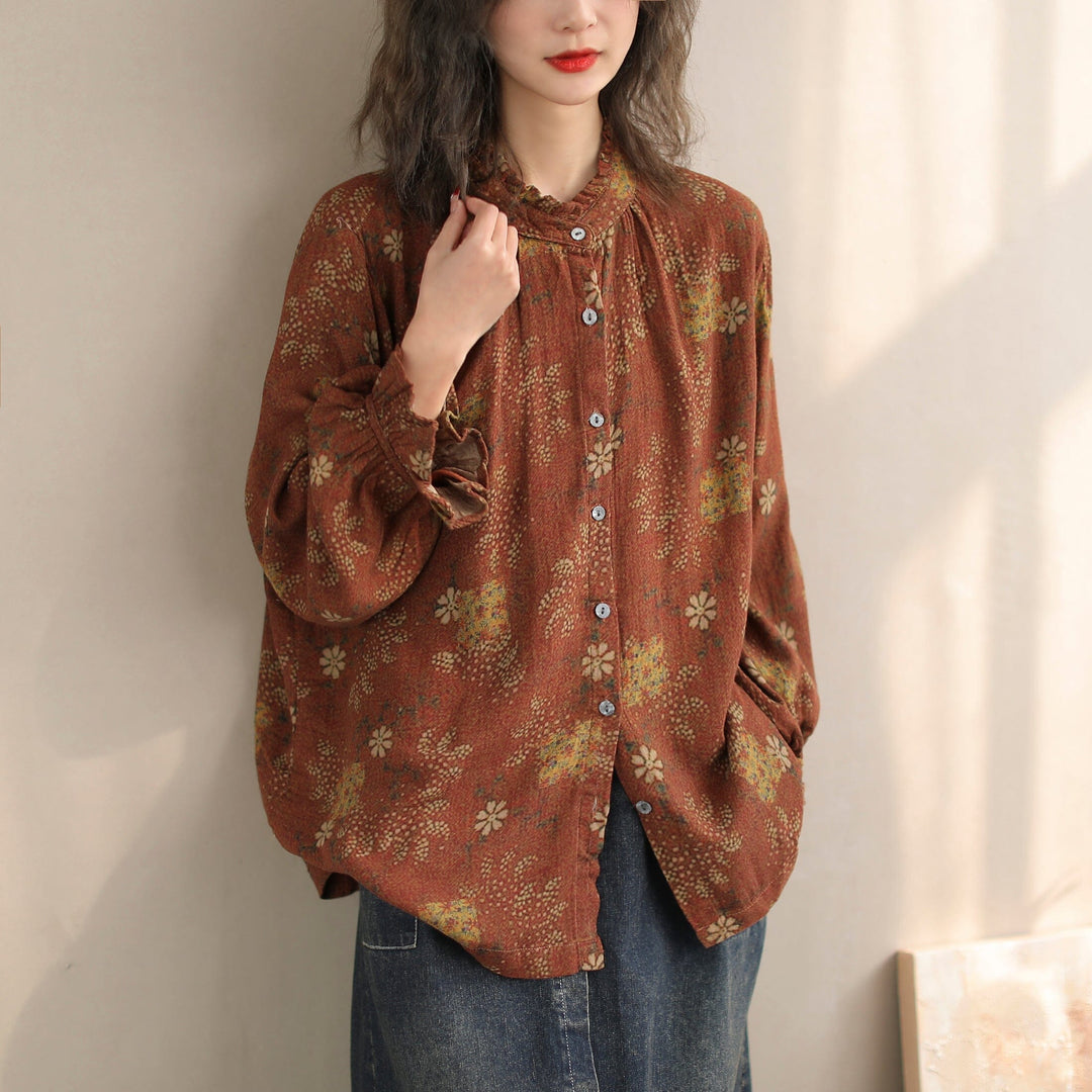 Women Spring Retro Floral Cotton Loose Casual Blouse