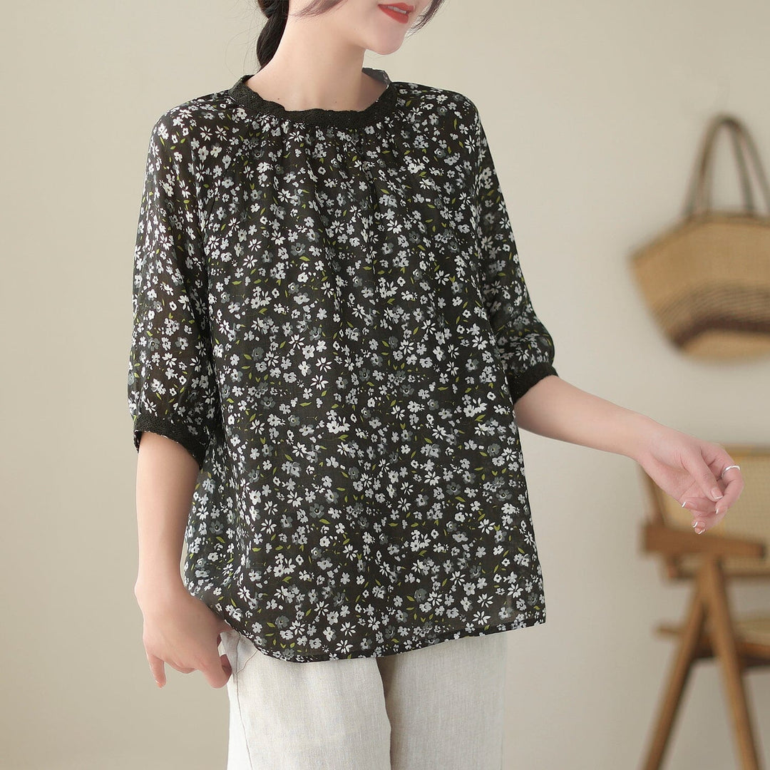 Women Spring Retro Floral Print Linen Casual T-Shirt