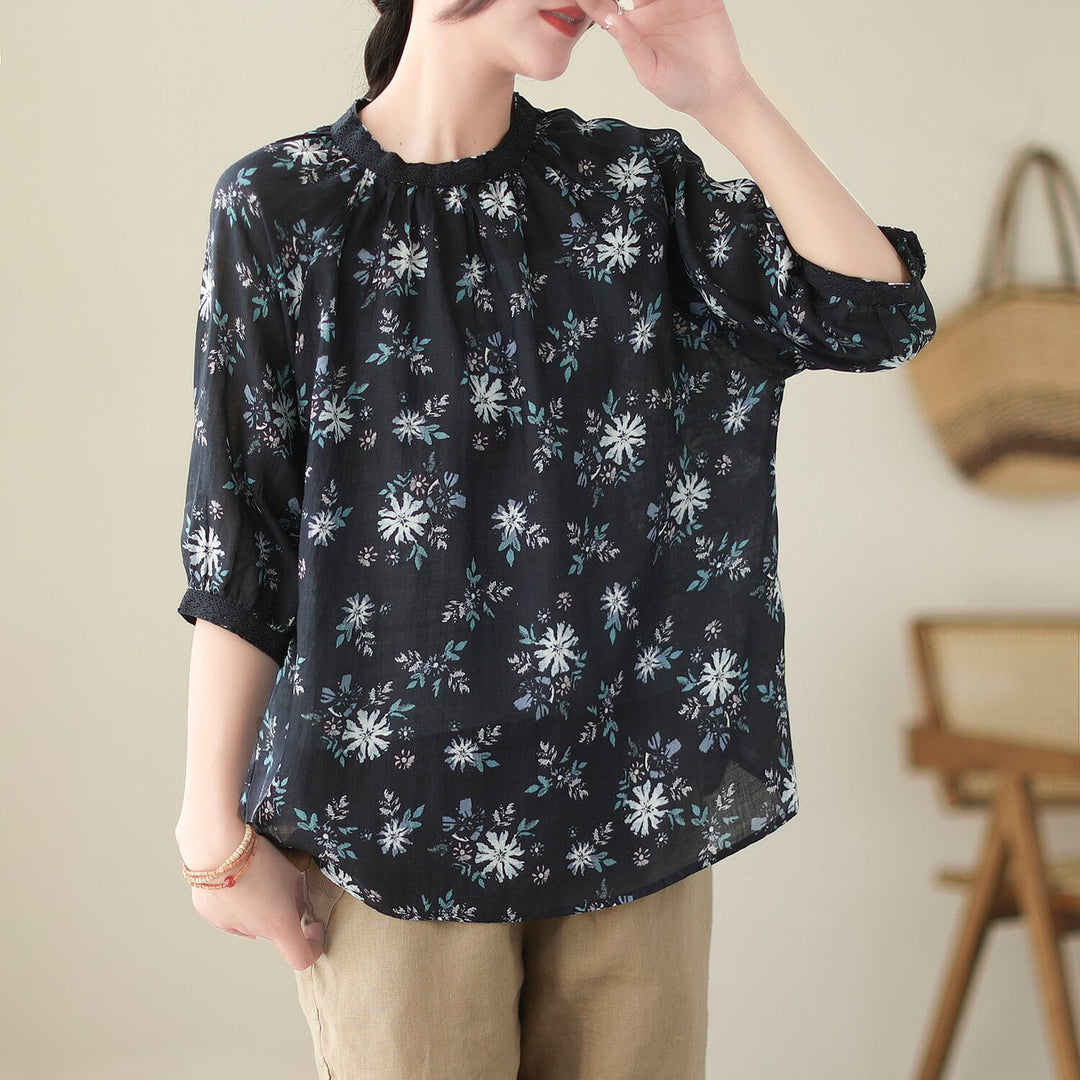 Women Spring Retro Floral Print Linen Casual T-Shirt