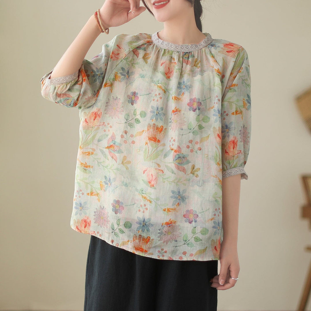 Women Spring Retro Floral Print Linen Casual T-Shirt