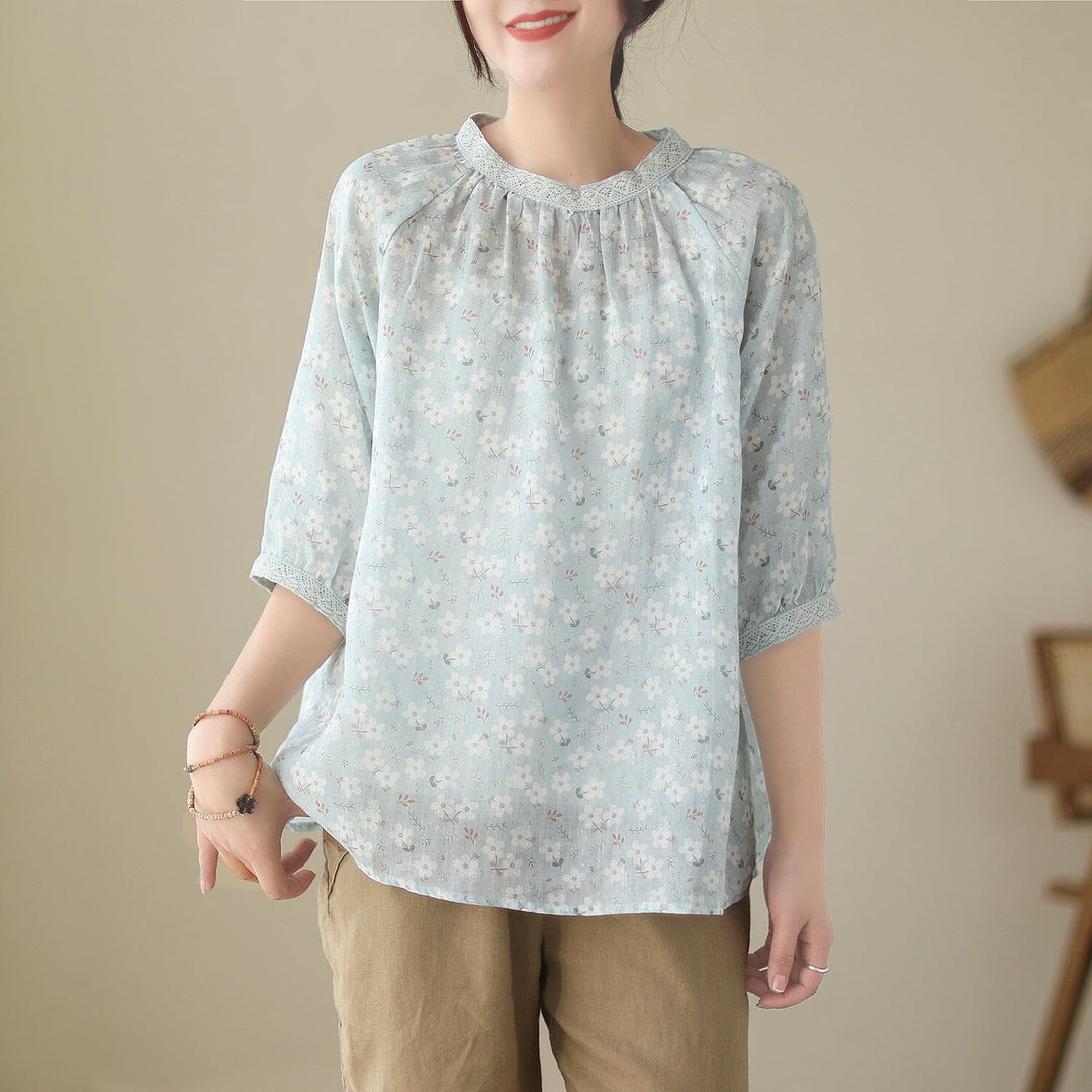 Women Spring Retro Floral Print Linen Casual T-Shirt