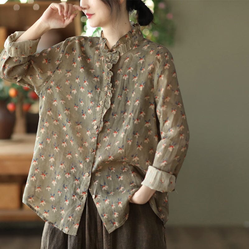 Women Spring Retro Floral Print Loose Linen Blouse