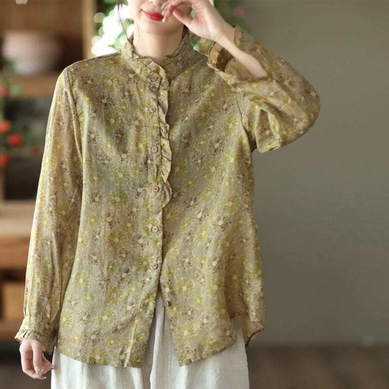 Women Spring Retro Floral Print Loose Linen Blouse