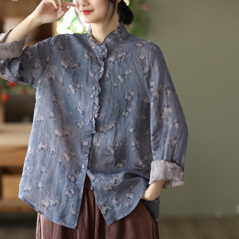 Women Spring Retro Floral Print Loose Linen Blouse