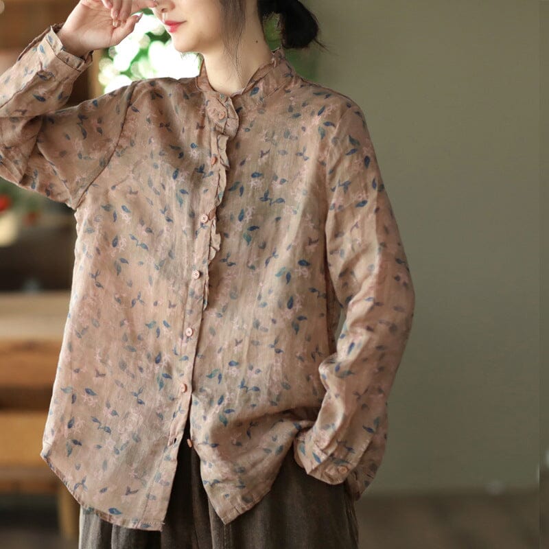 Women Spring Retro Floral Print Loose Linen Blouse