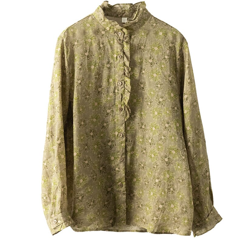 Women Spring Retro Floral Print Loose Linen Blouse