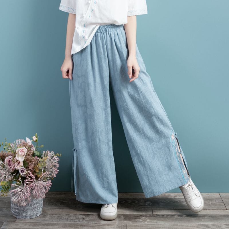 Women Spring Retro Loose Cotton Linen Wide Leg Pants