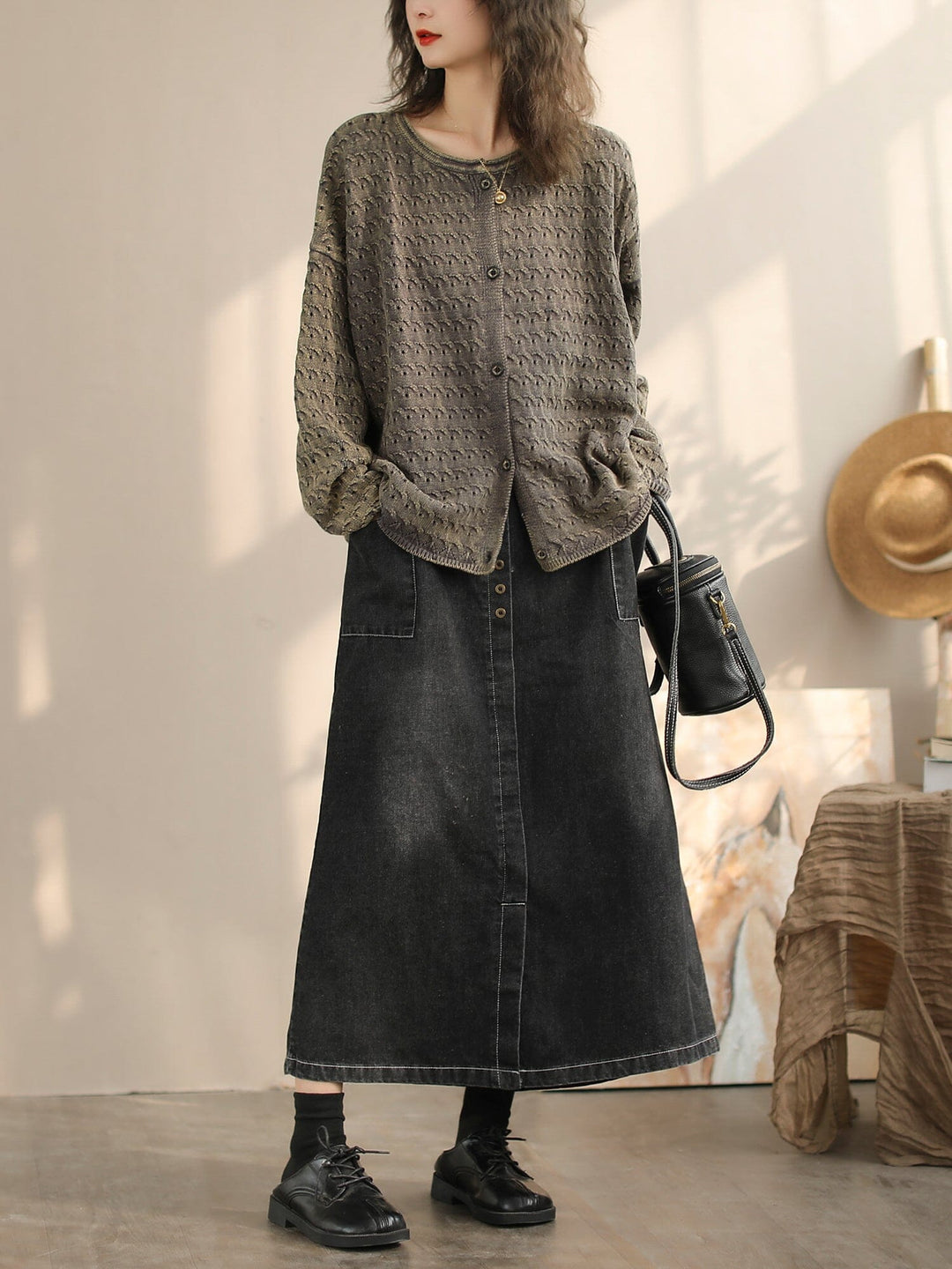 Women Spring Retro Minimalist Cotton Denim Skirt