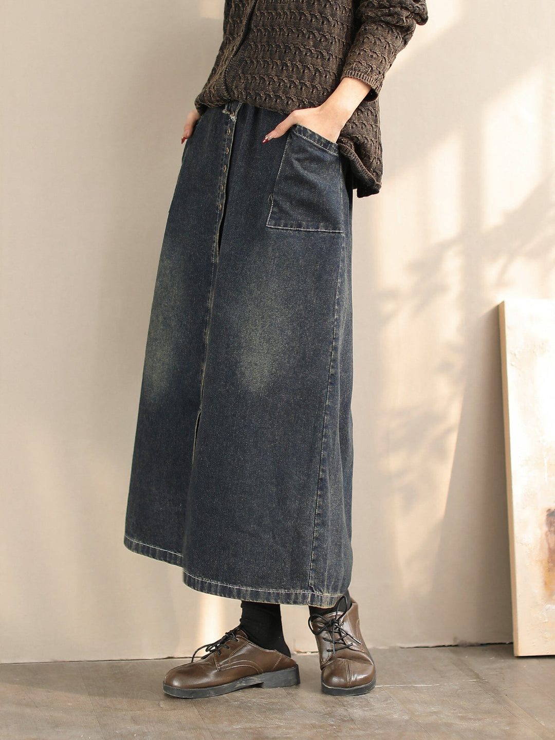 Women Spring Retro Minimalist Cotton Denim Skirt