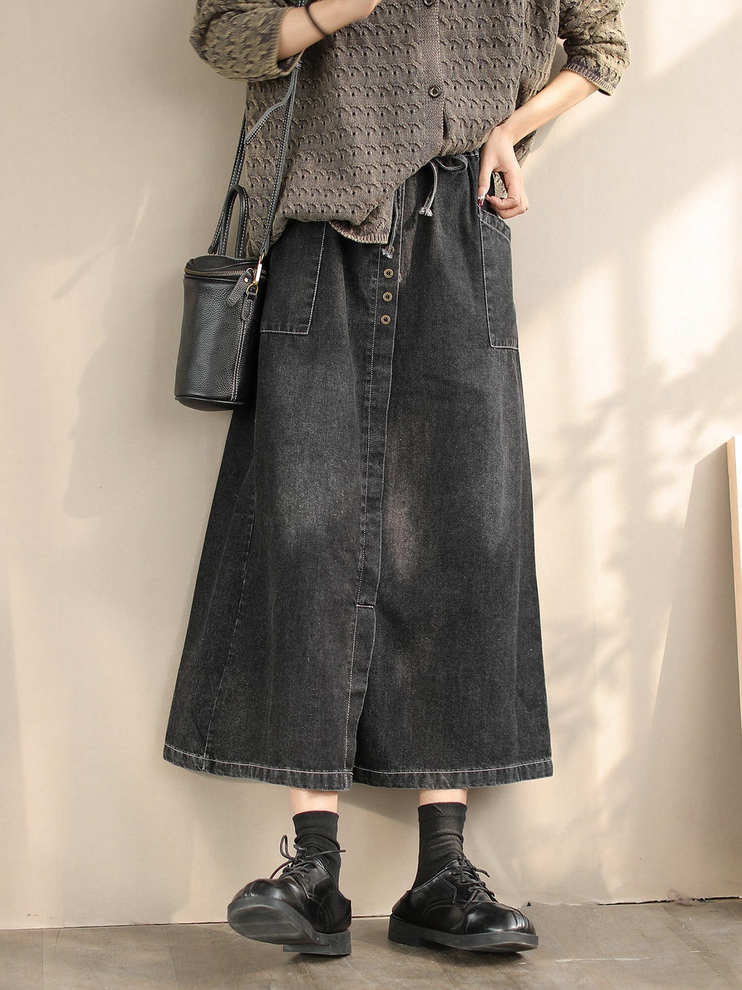 Women Spring Retro Minimalist Cotton Denim Skirt