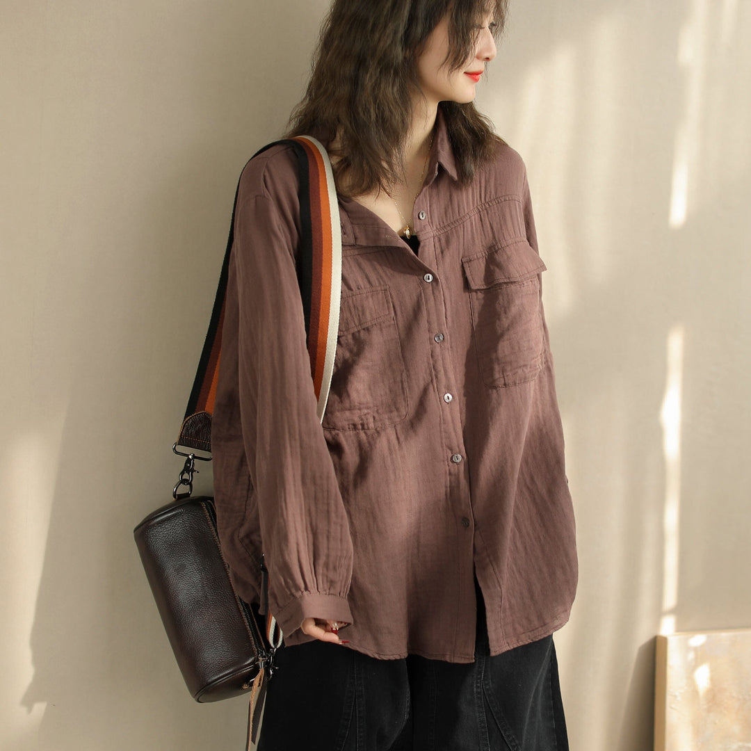 Women Spring Solid Minimalist Cotton Casual Blouse