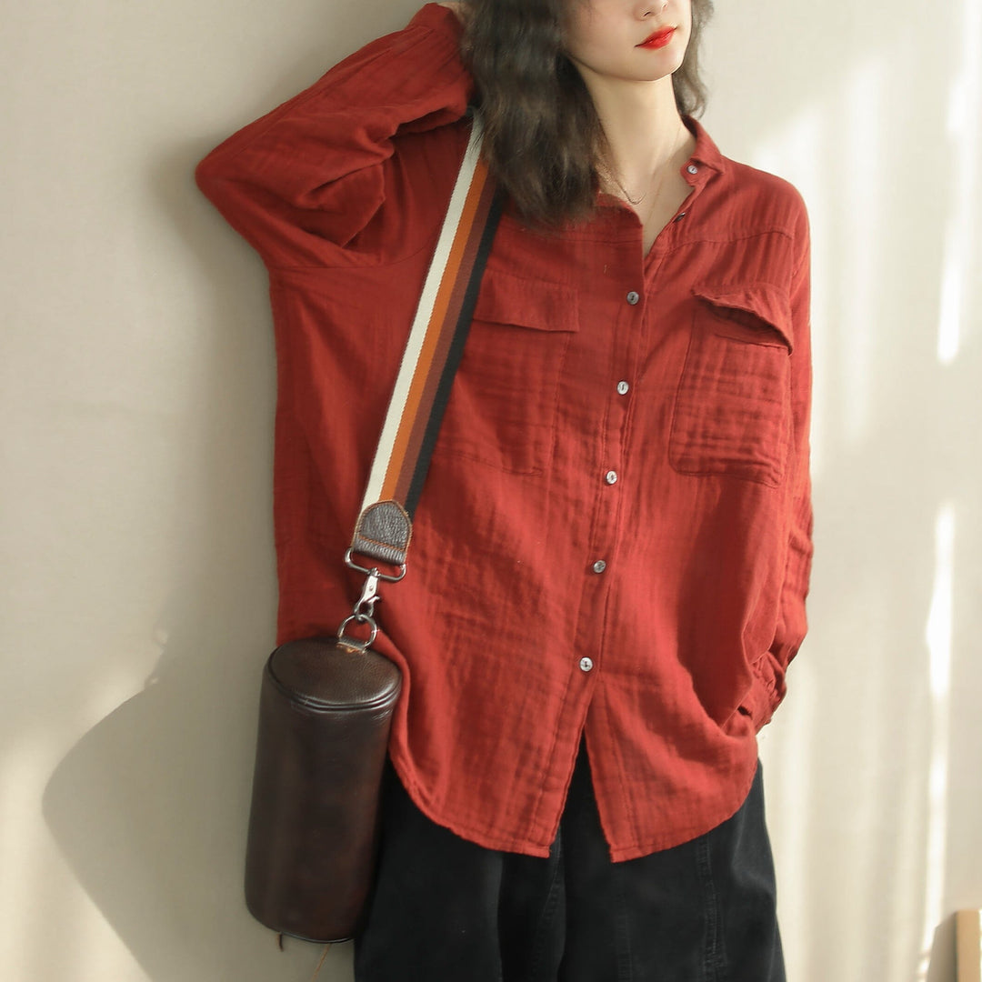 Women Spring Solid Minimalist Cotton Casual Blouse