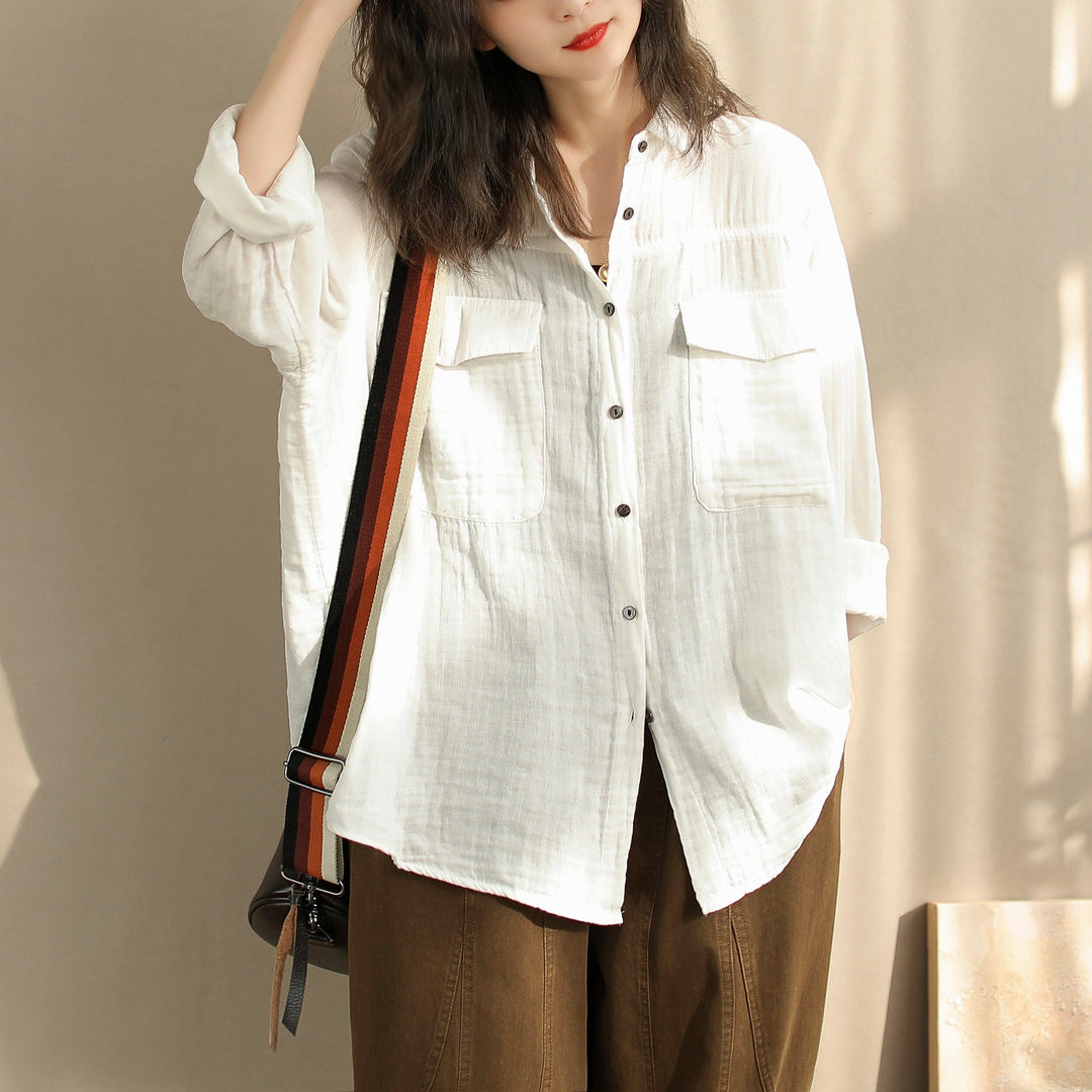 Women Spring Solid Minimalist Cotton Casual Blouse