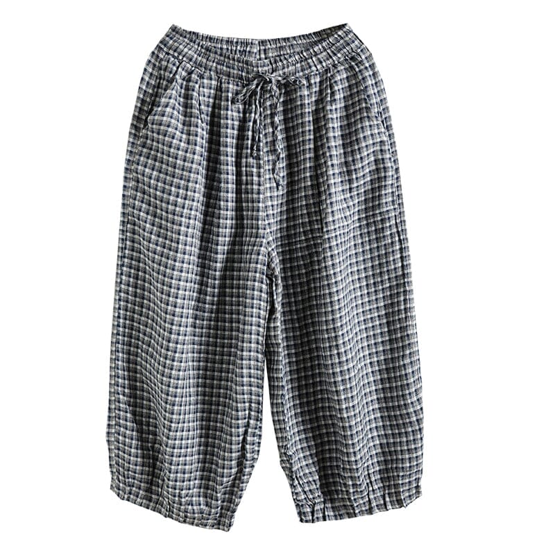 Women Summer Plaid Cotton Linen Pants