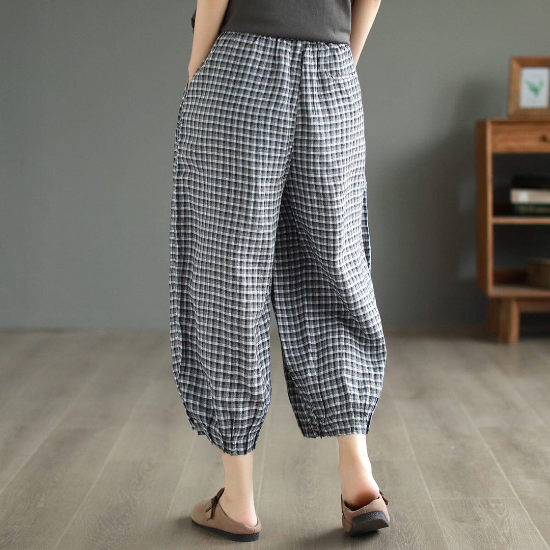 Women Summer Plaid Cotton Linen Pants