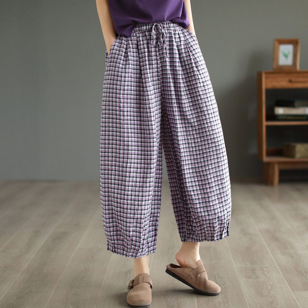 Women Summer Plaid Cotton Linen Pants