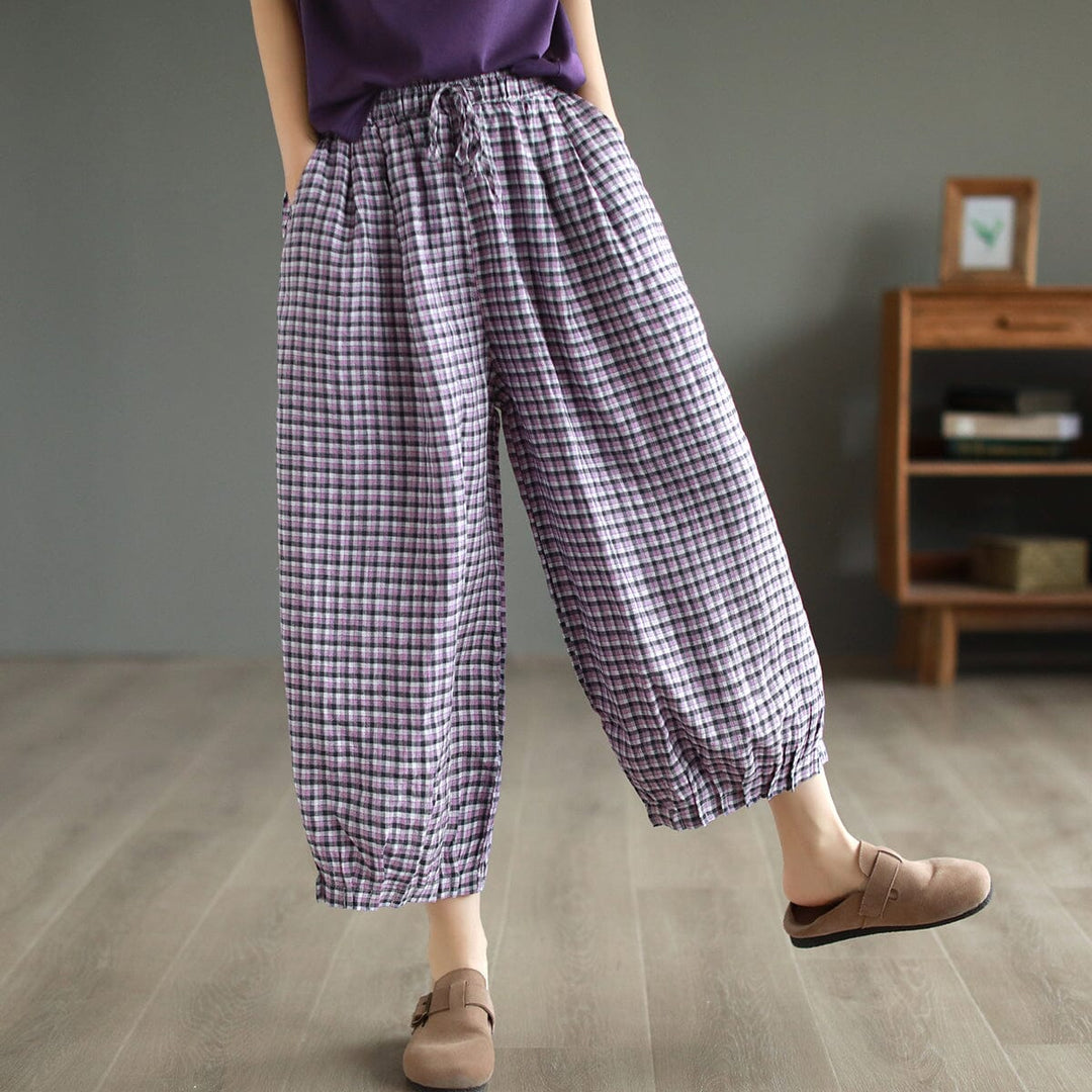 Women Summer Plaid Cotton Linen Pants