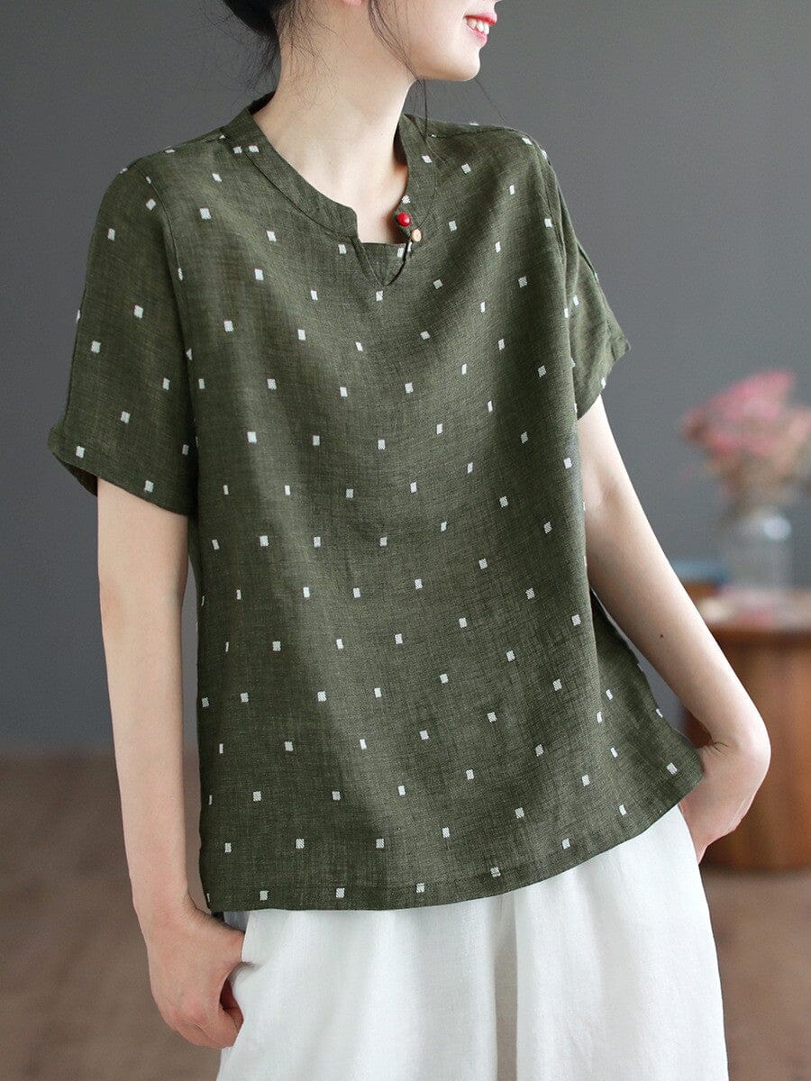 Women Summer Casual Dots Cotton Linen T-Shirt