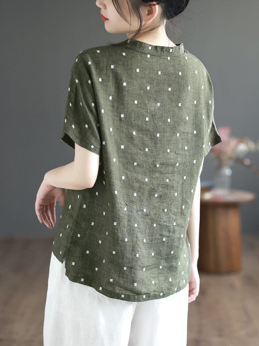 Women Summer Casual Dots Cotton Linen T-Shirt