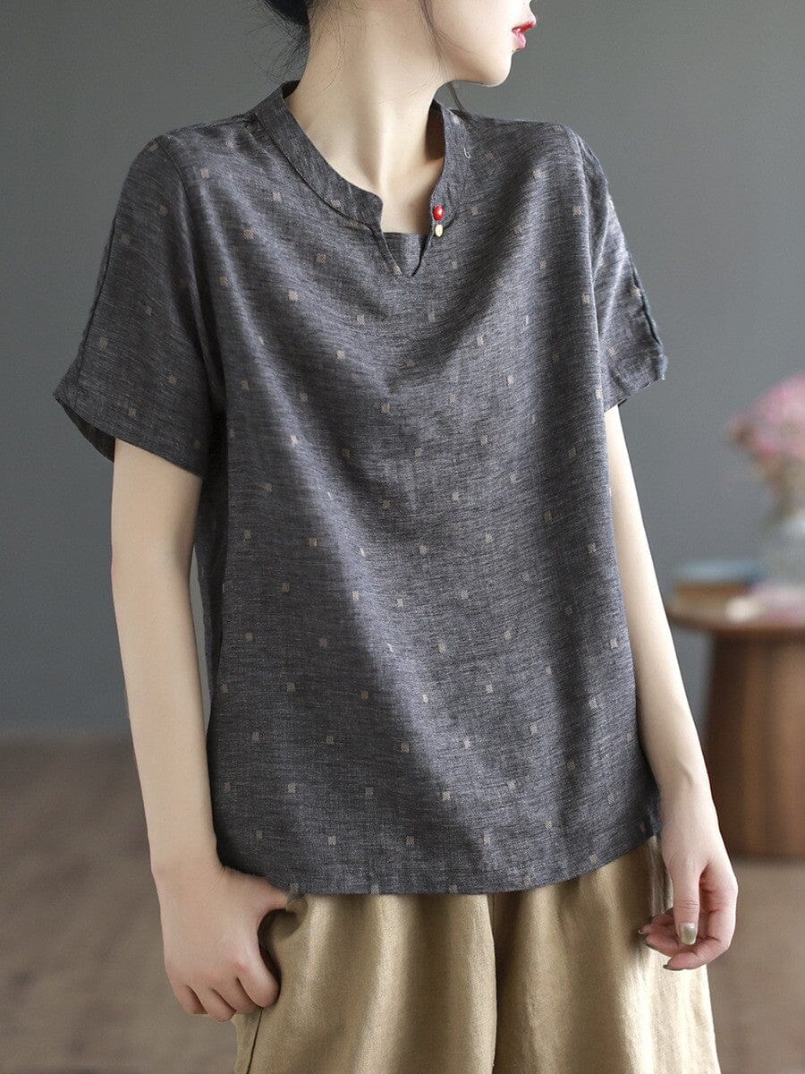 Women Summer Casual Dots Cotton Linen T-Shirt