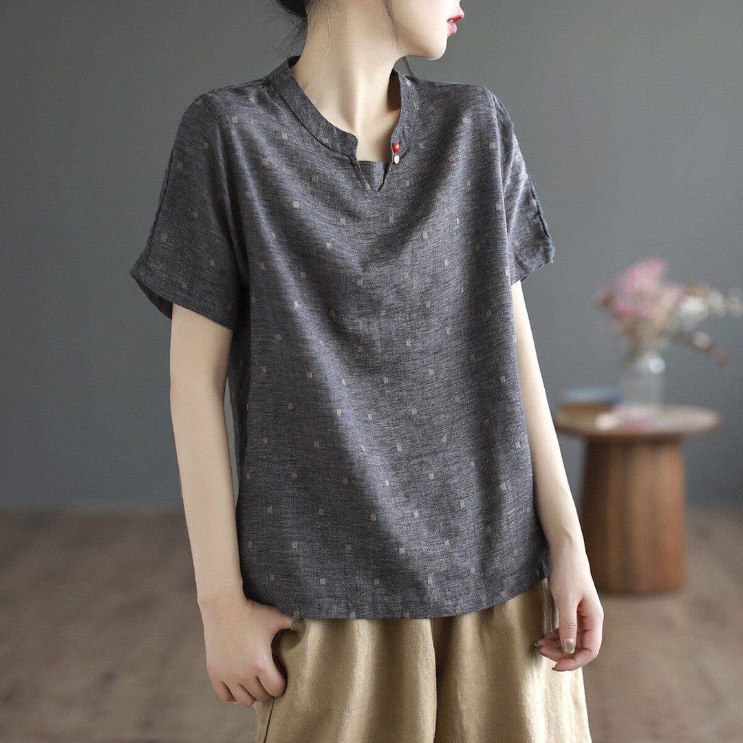 Women Summer Casual Dots Cotton Linen T-Shirt