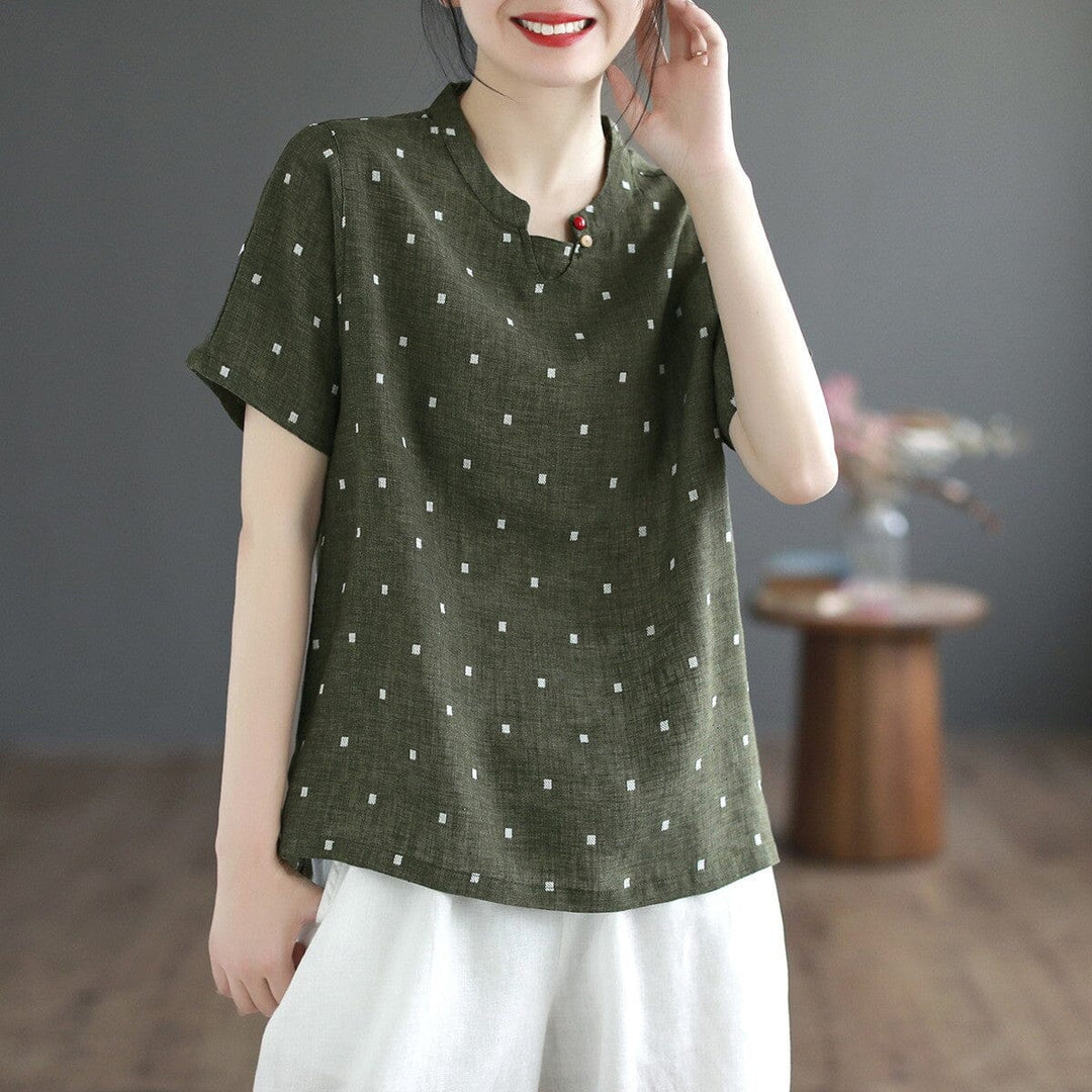 Women Summer Casual Dots Cotton Linen T-Shirt