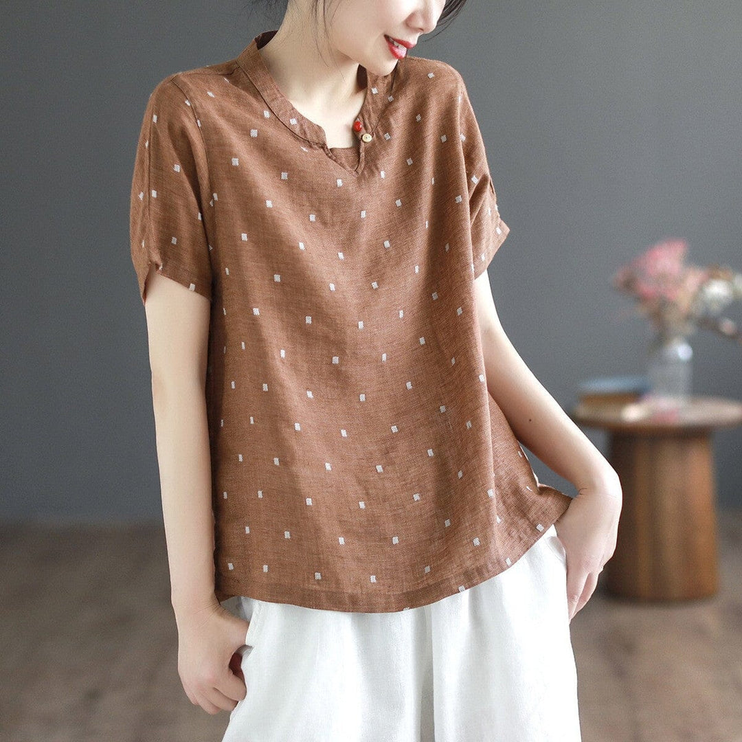 Women Summer Casual Dots Cotton Linen T-Shirt