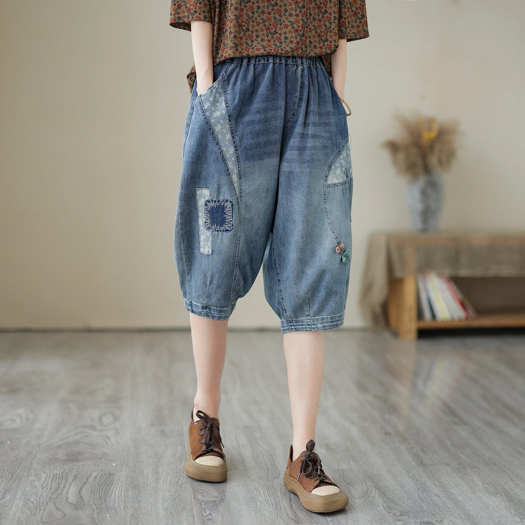 Women Casual Embroidery Patchwork Denim Shorts