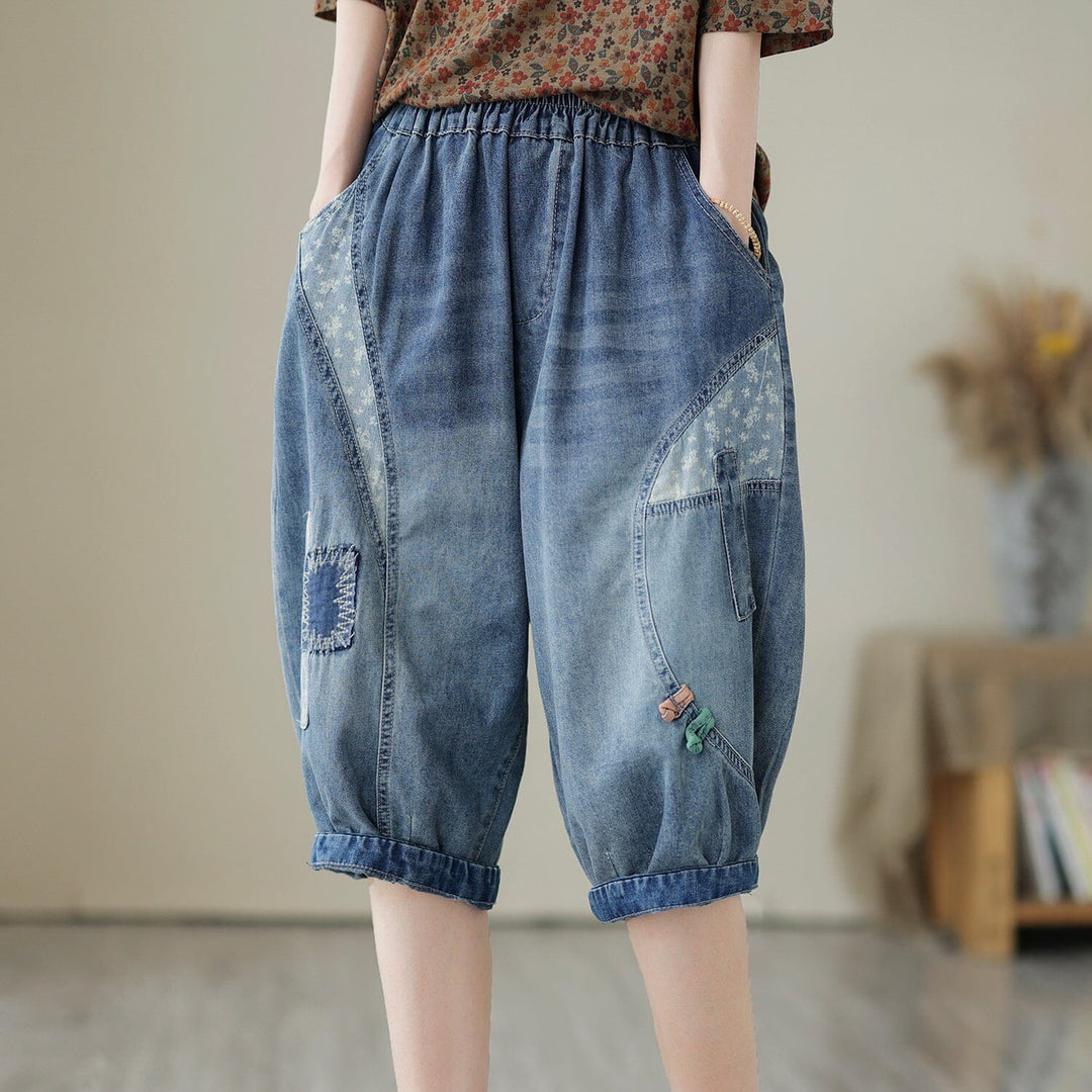 Women Casual Embroidery Patchwork Denim Shorts