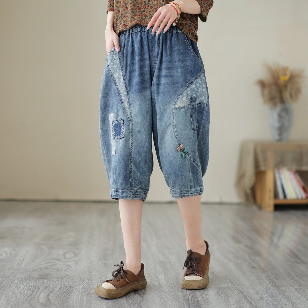 Women Casual Embroidery Patchwork Denim Shorts