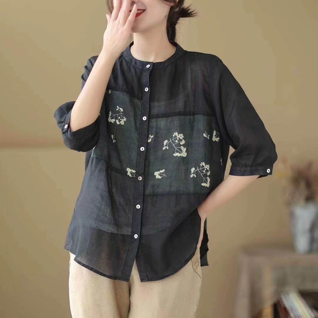 Women Summer Casual Linen Floral Patchwork Blouse