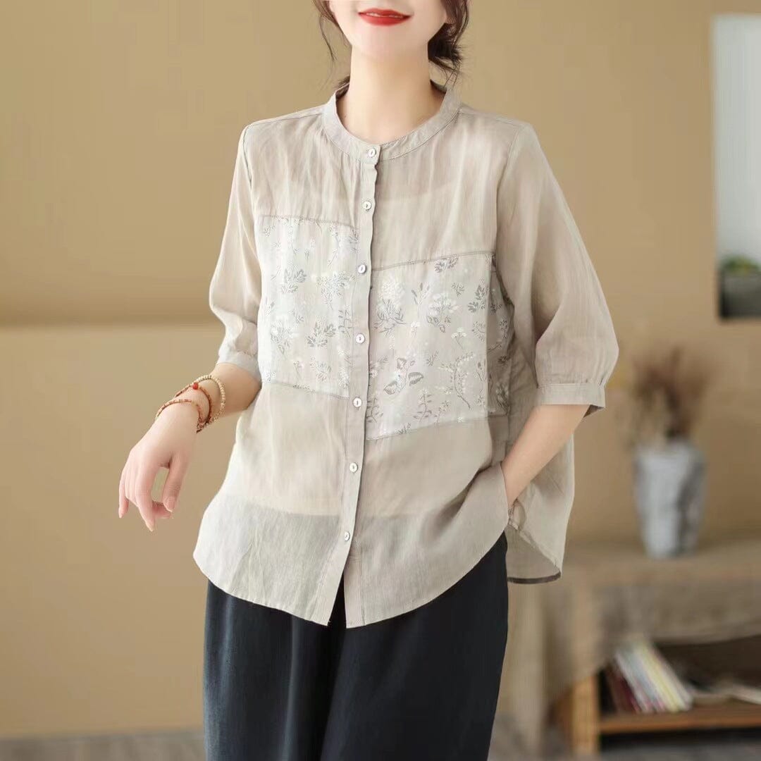 Women Summer Casual Linen Floral Patchwork Blouse