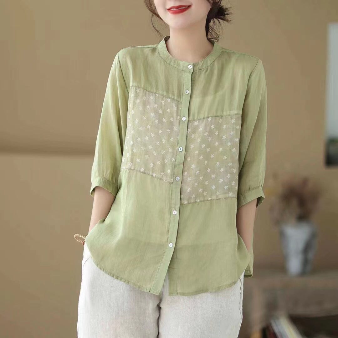 Women Summer Casual Linen Floral Patchwork Blouse