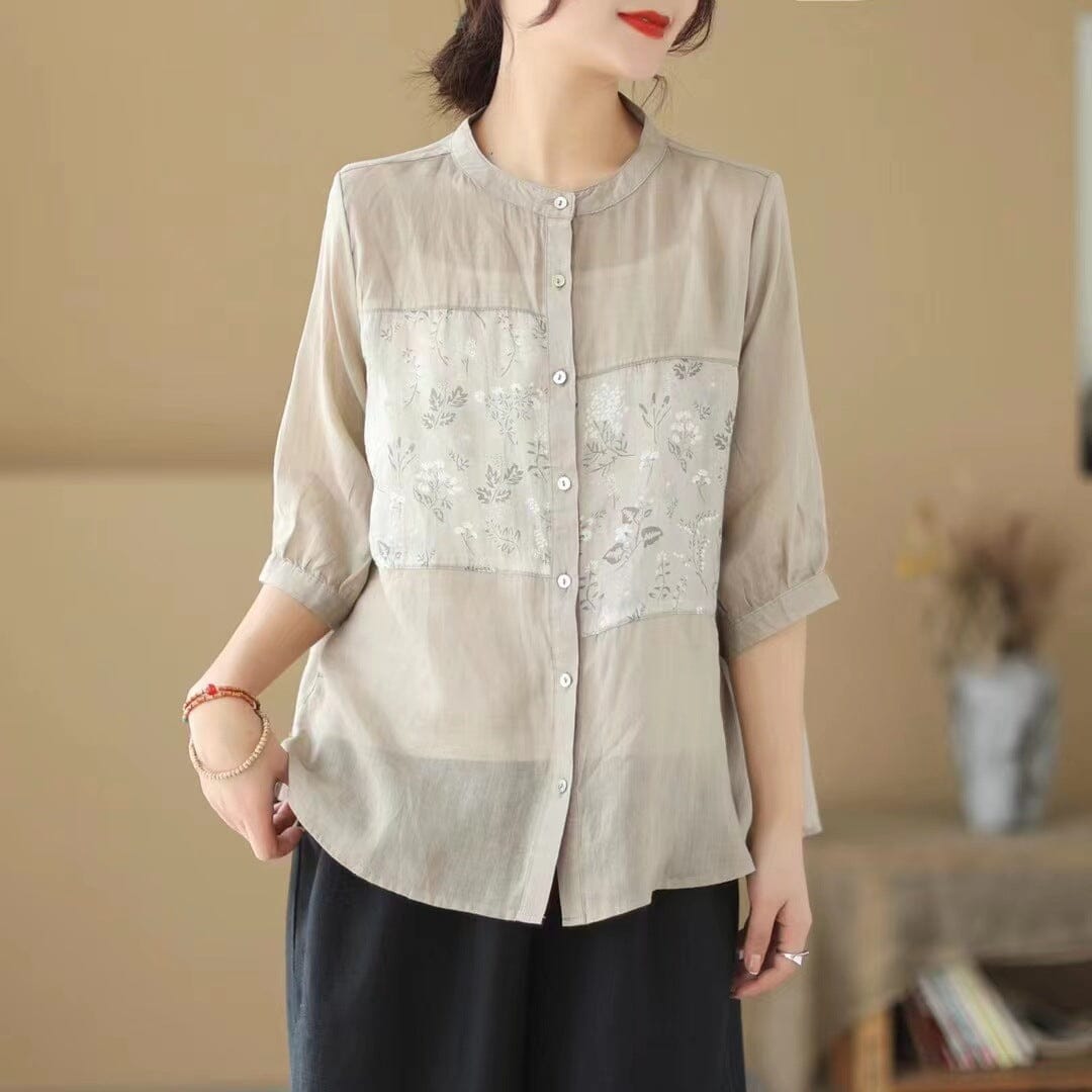 Women Summer Casual Linen Floral Patchwork Blouse