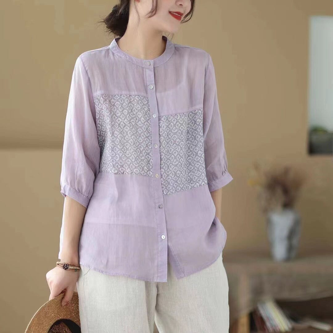 Women Summer Casual Linen Floral Patchwork Blouse