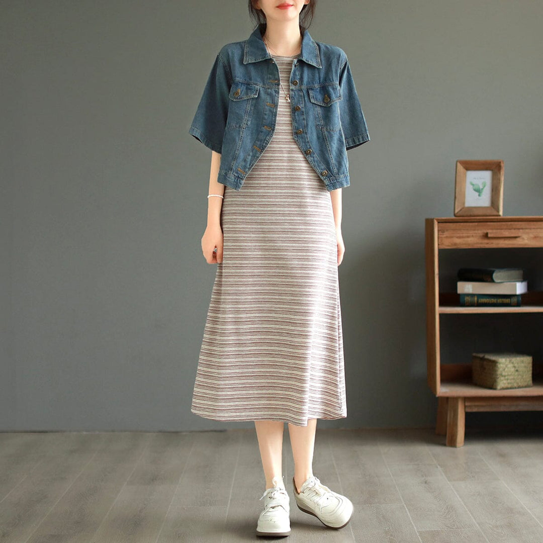 Summer Casual Stripe Cotton Dress Sleeveless