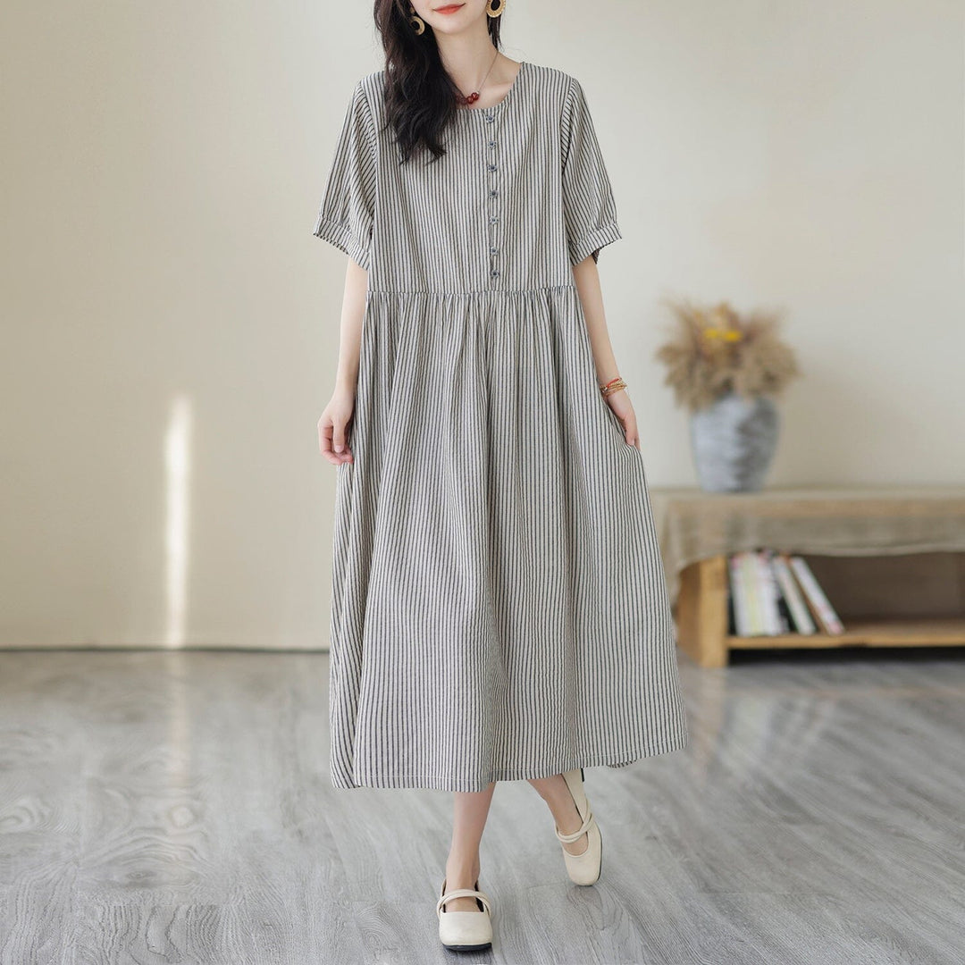 Women Summer Striped Cotton Linen Dress
