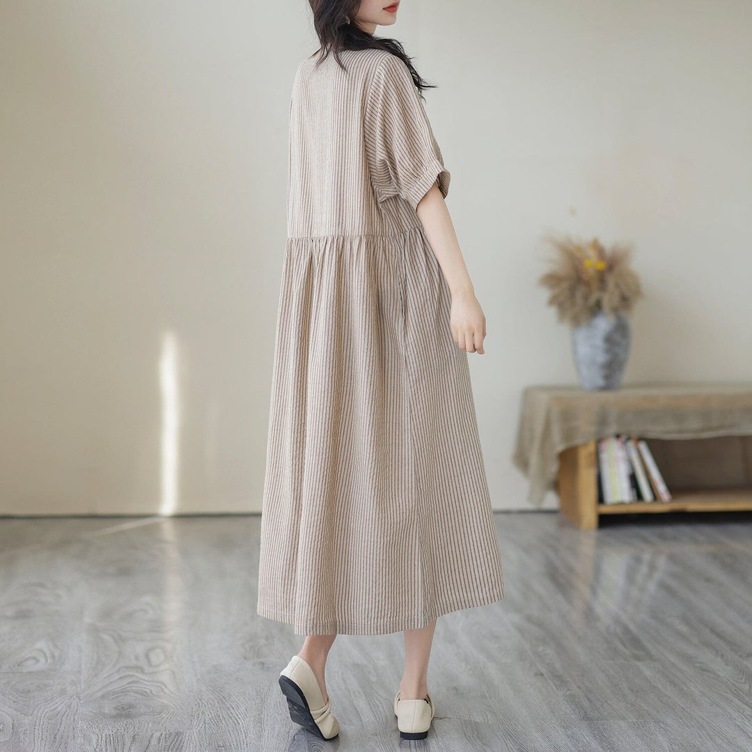 Women Summer Striped Cotton Linen Dress