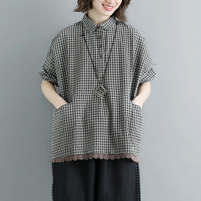 women summer cotton tops oversize Summer Short Sleeve plaid polo Neck Casual Lacing Pockets Blouse - Omychic