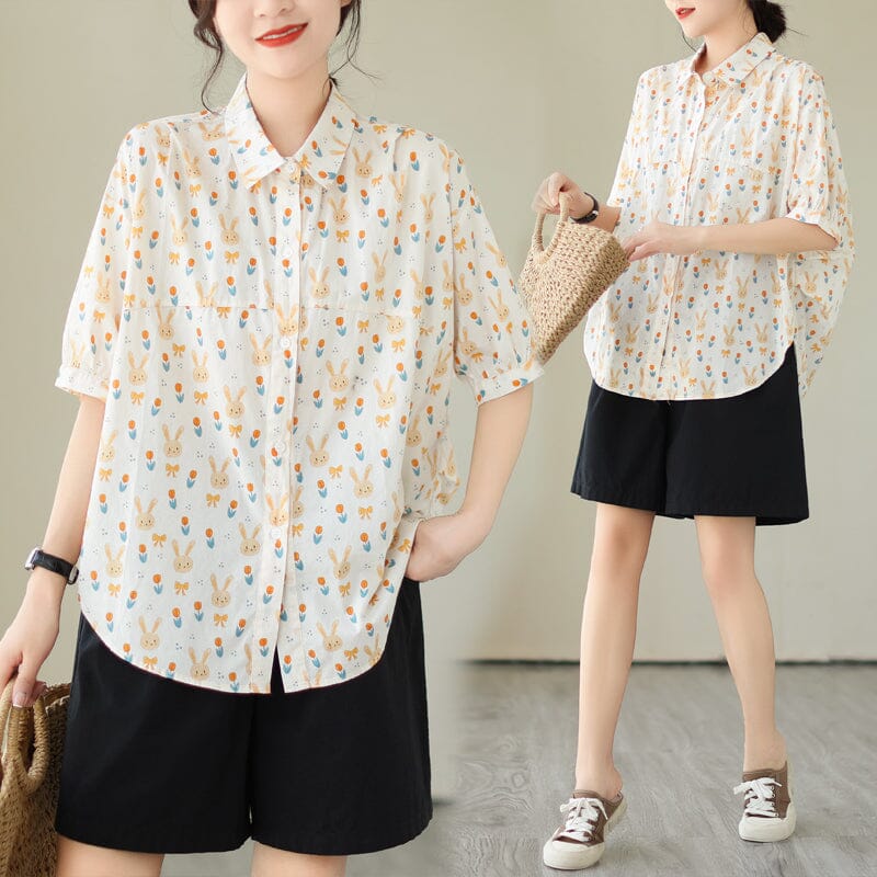 Rabbit Print Fashion Loose Casual Blouse Half Sleeve