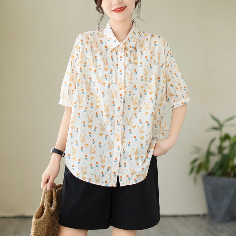 Rabbit Print Fashion Loose Casual Blouse Half Sleeve