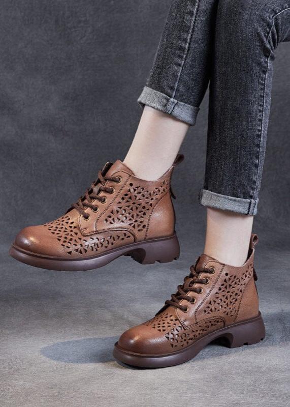 Women Summer Hollow Retro Leather Ankle Boots