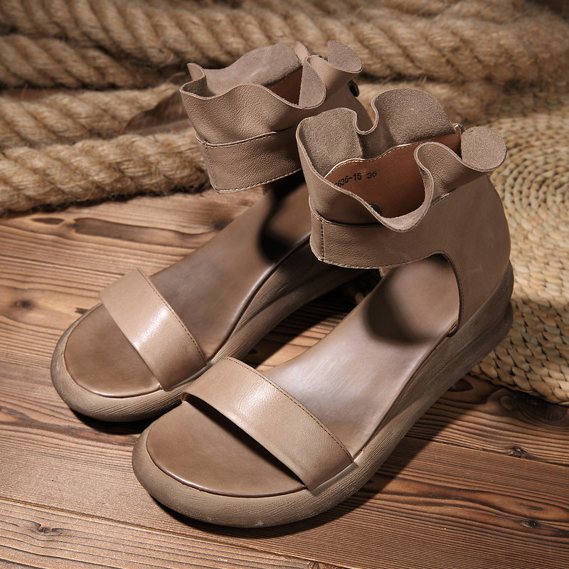 Women Summer Leather Retro Wedge Sandals