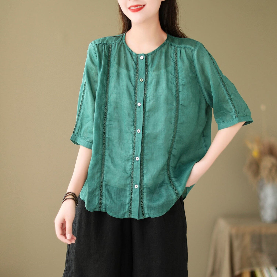 Summer Women Linen Patchwork Blouse Half Sleeve