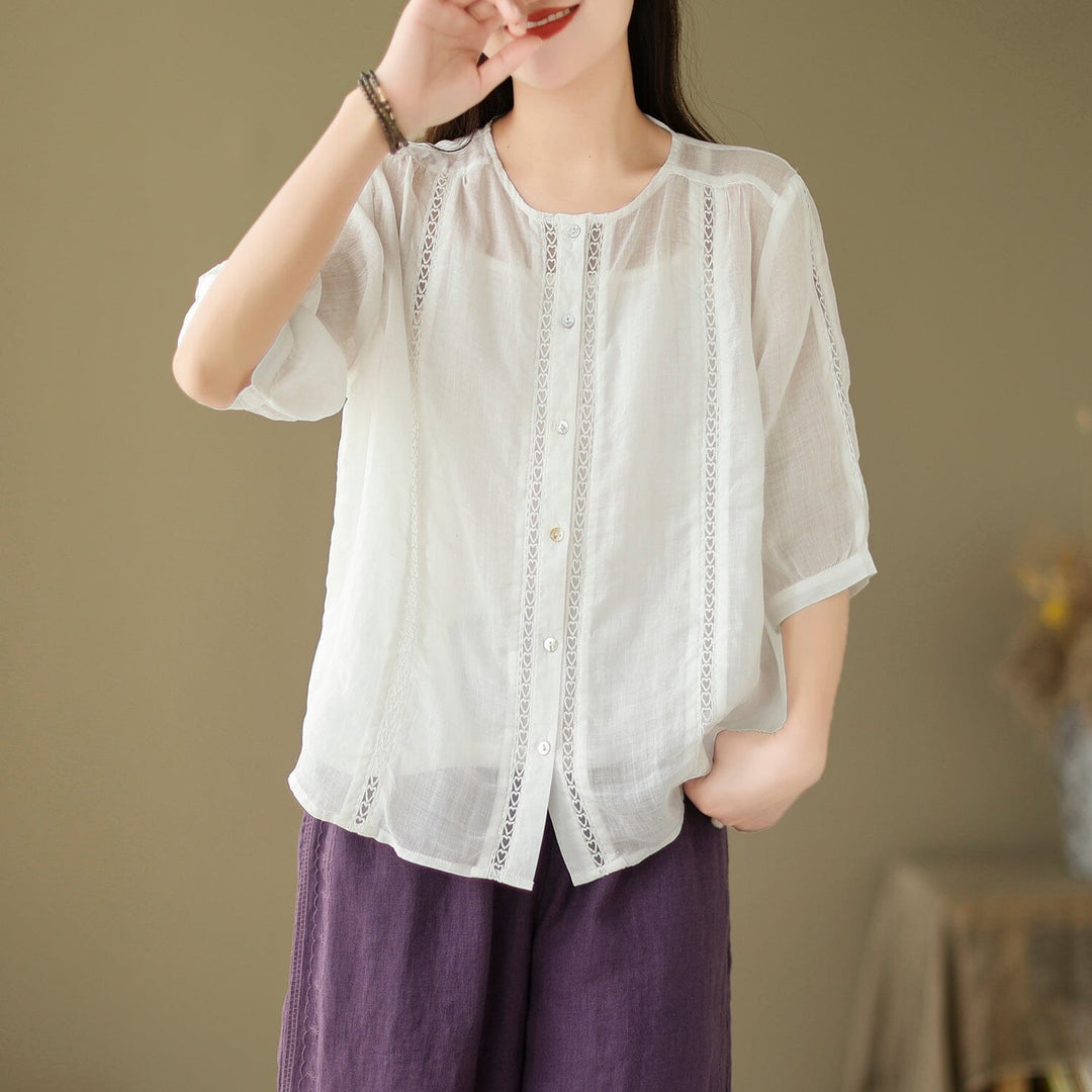 Summer Women Linen Patchwork Blouse Half Sleeve