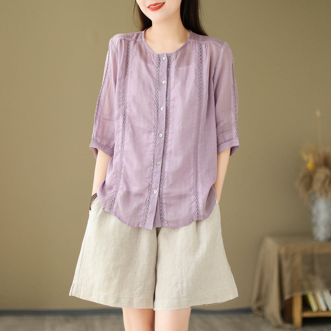 Summer Women Linen Patchwork Blouse Half Sleeve