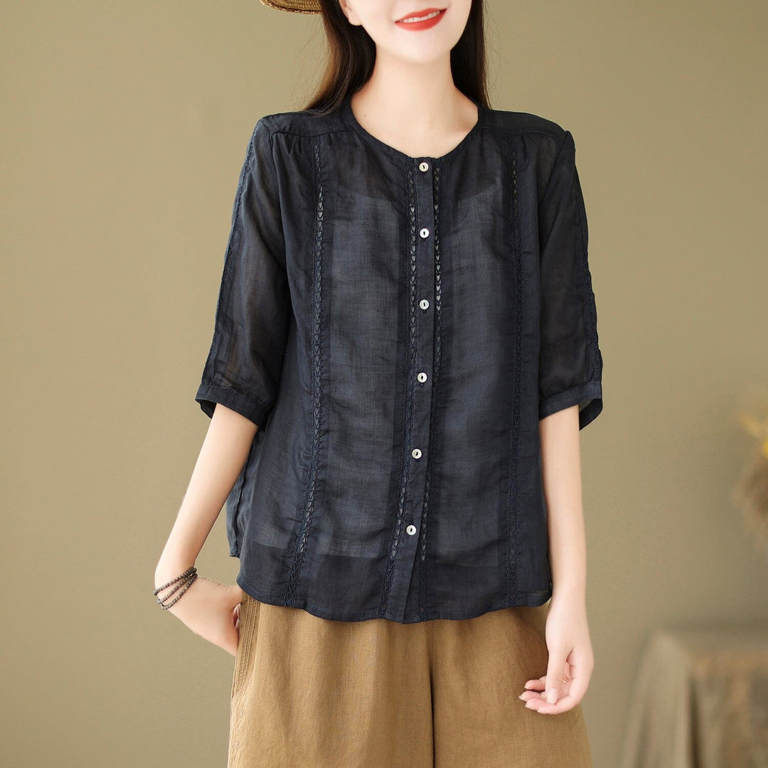 Summer Women Linen Patchwork Blouse Half Sleeve